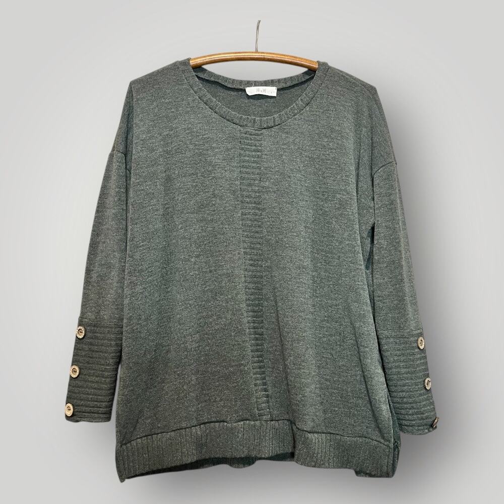 Jade by Jane Sweater Women's Green Loose Fit Button Sleeve Details